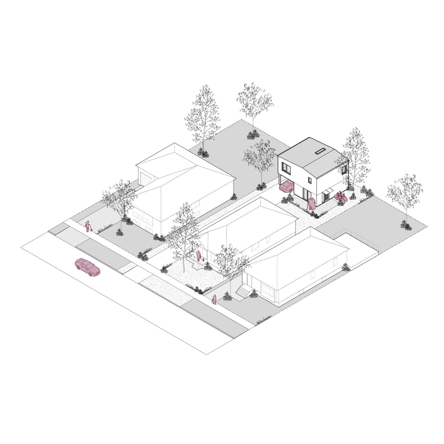 Rendu filaire 3D du logement accessoire 02, d’une superficie d’environ 700 pieds carrés. L’image montre l’intégration du logement dans un quartier, ainsi que sa conception compacte, mais spacieuse. Le modèle montre comment le logement peut être positionné pour favoriser l’intimité et obtenir un niveau optimal de lumière naturelle.